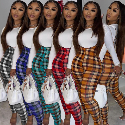 Plaid Women 2 Piece Suit Fitness Women Basic Top Plaid Sweatpants High Wait Jogging Pant Cause Fashion Jogger Set Sporty outfits ► Photo 1/5