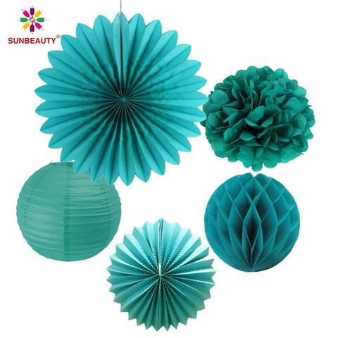 Pack of 5 Teal Wedding Paper Decoration Set Tissue Pom Poms Paper Fan  Watermelon Paper Lanterns Honeycomb Ball Bridal Shower - Price history &  Review