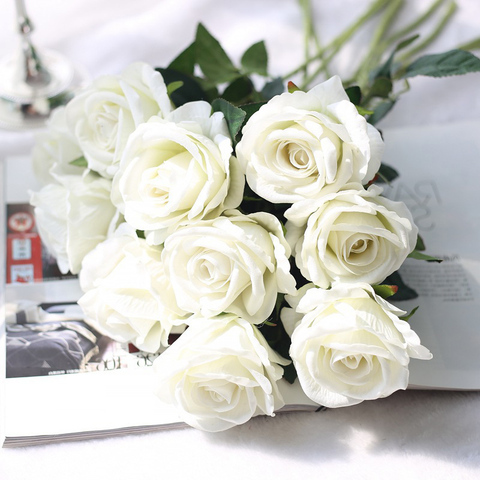 5Pcs 51cm Long Branch Flowers Bouquet Beautiful White Silk Roses Artificial Flowers Wedding Home Table Decor Arrange Fake Flower ► Photo 1/6