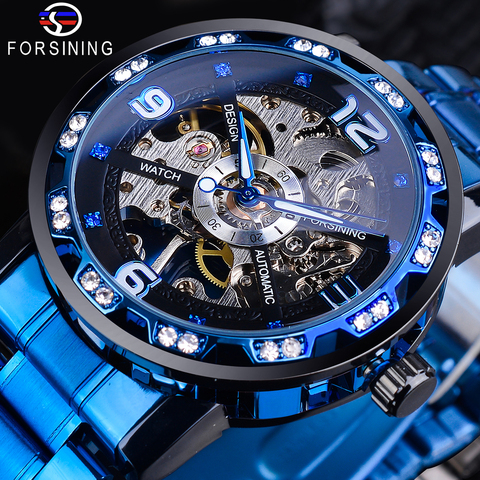 Forsining Blue Diamond Transparent Skeleton Men Mechanical Watch Stainless Steel Luminous Hands Wristwatch Casual Business Clock ► Photo 1/6