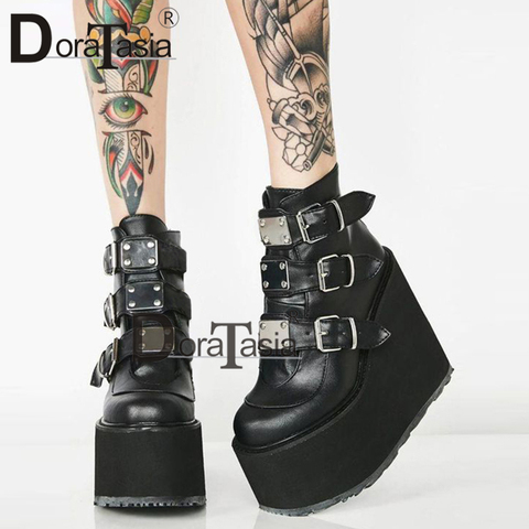 Women Punk Platform Buckle Strap Wedge heel Rivet Punk Ankle Boots Gothic Shoe@Y