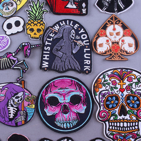 Punk Skull Biker Patch Mexican Skulls Patches For Clothing Embroidered Patches On Clothes DIY Jean Jacket Rock Patch Stripes ► Photo 1/6