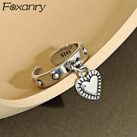 Foxanry 925 Sterling Silver LOVE Heart Tassel Rings for Women Couples New Fashion Vintage Thai Silver Punk Party Jewelry Gifts ► Photo 1/6
