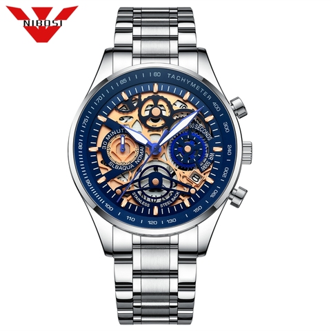 NIBOSI Stainless Steel Skeleton Fashion Mens Watches with Black Gold Top Brand Luxury Sports Quartz Watch Men Relogio Masculino ► Photo 1/6