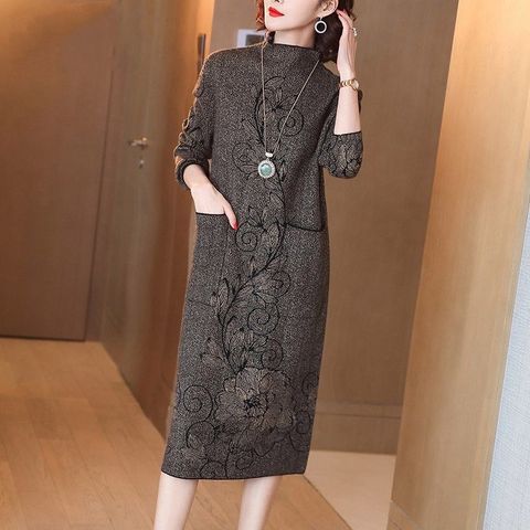 Autumn and Winter New Jacquard Knitted Dress Women Vintage Warm  Sweater Dress Lady Elegant Loose Turtleneck Dress ► Photo 1/5