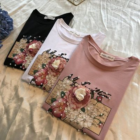 Korean Summer Women Sweet Cotton T-Shirt Fashion Embroidery Flower Pullover Female O Neck Loose Casual T-shirt Plus Size ► Photo 1/6