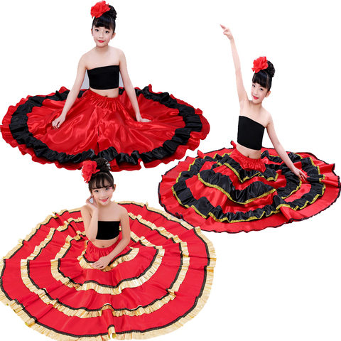 Gypsy Style Princess Girls Belly Dance Costumes Spanish Traditional Flamenco Skirt Satin Smooth Plus Size Swing Skirt Dress ► Photo 1/6