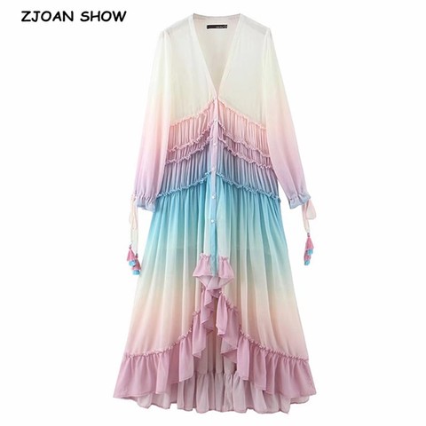 BOHO Gradient Rainbow Color Single-breasted Button Long Dress Sexy Women Holiday Wood ear Tassel Long Sleeve Ruffles Dresses ► Photo 1/6