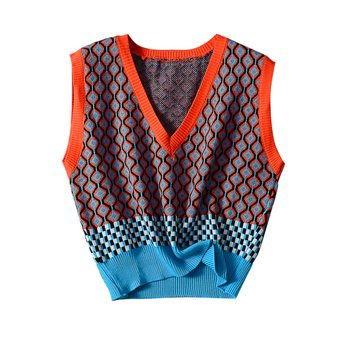 2022 Vintage Argyle Sweater Vest Women Autumn Winter V Neck Pullover Knitted Vest Sleeveless Jecket Gilet Femme ► Photo 1/6