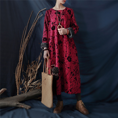 Johnature Women Jacquard Vintage Dresses Chinese Style Fleece Robes 2022 Winter New 3 Color Women Cloths Warm Cotton Dresses ► Photo 1/6