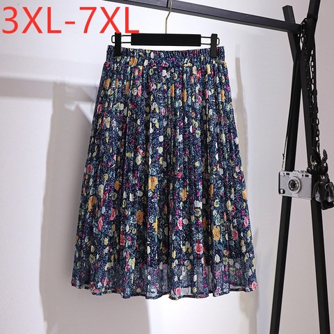 New 2022 Ladies Spring Summer Plus Size Long Skirt For Women Large Floral Print Flower Chiffon Pleated Skirts 4XL 5XL 6XL 7XL ► Photo 1/6