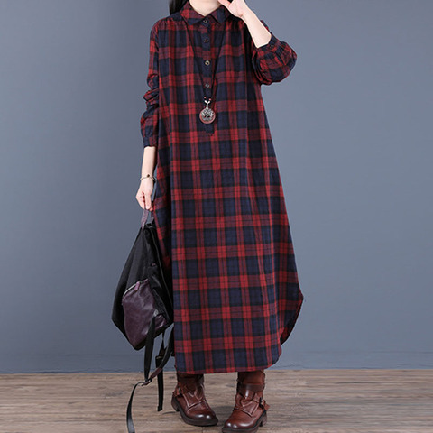 Johnature Spring Retro Plaid Pockets Turn-down Collar Long Sleeve Dresses 2022 New Loose Leisure Single Breasted Women Dress ► Photo 1/6