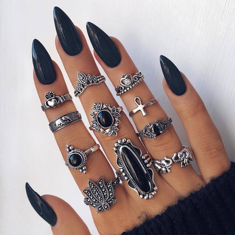 docona 10 Style Black Opal Stone Crown Flower Elephant Crescent Ring Set for Women Metal Knuckle Rings Jewelry Accessories ► Photo 1/6