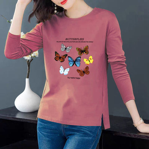 Butterfly Top Women Cotton Long  Sleeve Graphic T Shirts Plus Size Women Clothing Female Basic Tee Shirts ► Photo 1/6