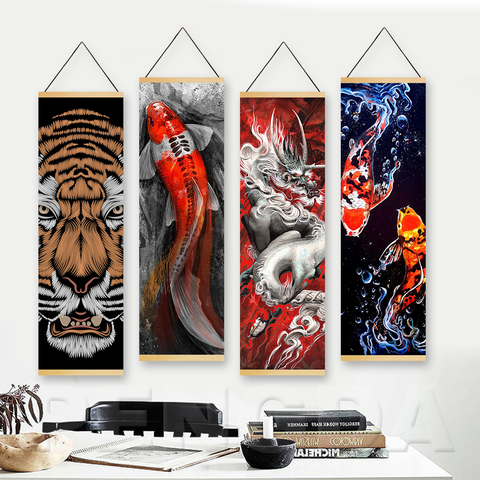 Modern Wall Art Print Art Resplendent Gold Fish Poster Hanging Wooden Scroll Canvas Painting Canvas Poster for Decor Living Room ► Photo 1/5