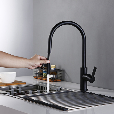 New Arrival Kitchen Faucet Swivel With Invisible Pull Out Nozzle Sprayer Gooseneck Pull Down Mixer Sink Tap in Matt Black ► Photo 1/6