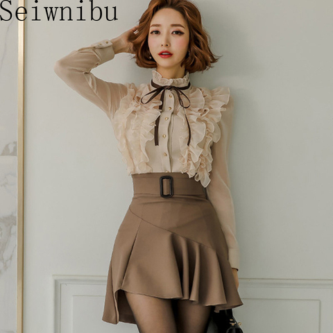 2022 New Autumn Fashion Goddess Sets Women Perspective Ruffles Chiffon Tops + High Waist mini Korean sashes skirt Feminine Suits ► Photo 1/6