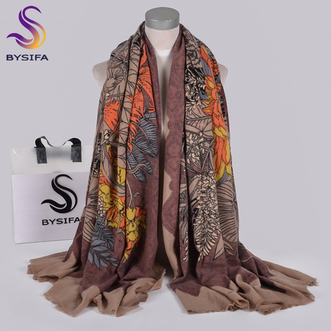 [BYSIFA] Luxury Brand Coffee Pure Wool Ladies Scarves Pashmina Autumn Winter Chrysanthemum Women Long Neck Scarf Shawl 210*100cm ► Photo 1/6