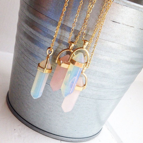 Hot sale Hexagonal Column Quartz Necklaces Pendants Fashion Natural Stone Bullet Pink Crystal Pendant Necklace For Women Jewelry ► Photo 1/6