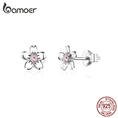 bamoer Pink Cherry Flower Stud Earrings for Women 925 Sterling Silver Cute Korean Girls Earings Accessories Oreilles SCE784 ► Photo 1/6