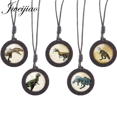 JWEIJIAO Dinosaur Tyrannosaurus Pattern Gothic Necklace Rope Chains Wooden Round Pendant Jewelry Boys Party Accessories NS297 01 ► Photo 1/6