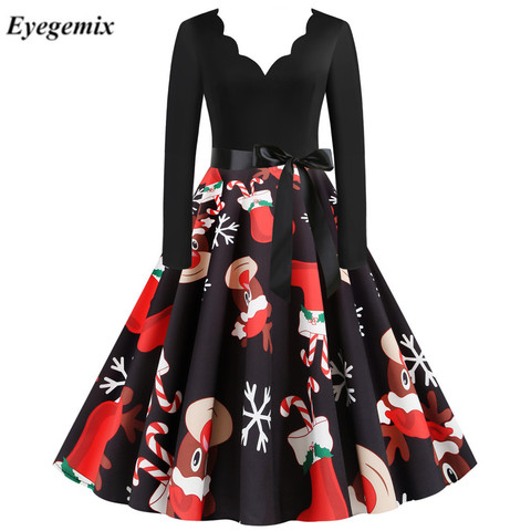 Vintage Christmas Dress Women Casual Patchwork Party Dress Christmas Deer Printed Robe 50S 60S Rockabilly Swing Pinup Vestidos ► Photo 1/6