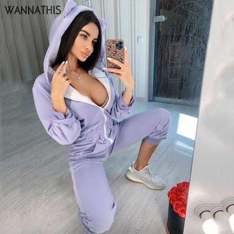 WannaThis Women Jumpsuit Cat Hooded Long Sleeve Cute Sweatshirt  Womens Jumpsuit High Waist Plus Size Thermal Rompers Winter New ► Photo 1/6