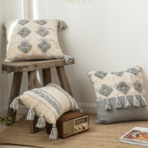 Moroccan Style Cushion Cover Tuft Tassels Handmade Neutral Decoration Pillow Cover 45x45cm/30x50cm For Sofa Bed  Grey Ivory Diamond Stripe ► Photo 1/6