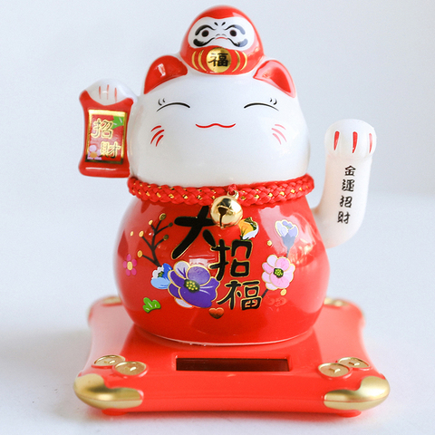 4.2 inch Solar Powered Ceramic Lucky Cat Daruma Figurine Shaking Arm Beckoning Fortune Cat Home Car Decor Wealth Maneki Neko ► Photo 1/6