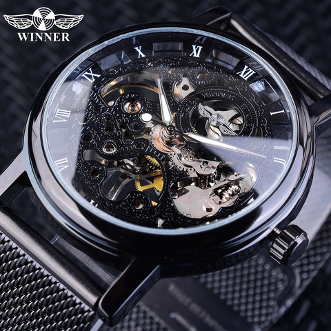 Winner Stainless Steel Mesh Band Transparent Classic Thin Case Hollow Skeleton Mens Male Mechanical Wrist Watch Top Brand Luxury ► Photo 1/6
