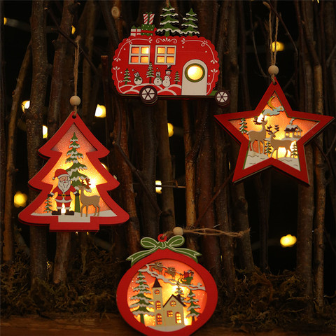 LED Light Christmas Tree Star Car Wooden Pendants Ornaments Xmas DIY Wood Crafts Kids Gift for Home Christmas Party Decorations ► Photo 1/6
