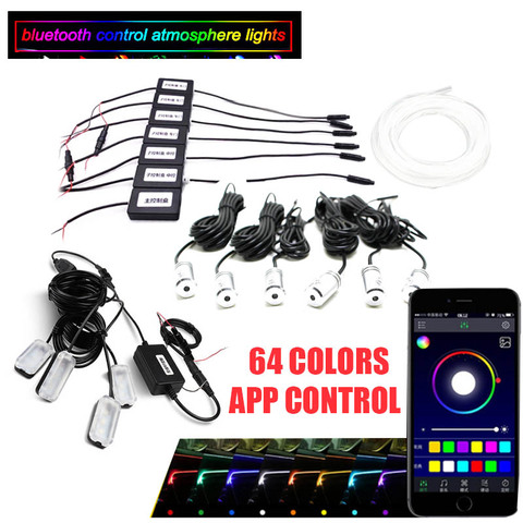 Car Ambient Light Foot Lamp RGB (6 + 4) with 8M Optical Fibre 64colors Led Wireless No Threading App Control ► Photo 1/6