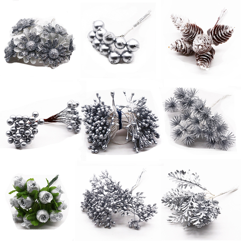 6/10/12/20/24/200pcs Silver Mixed Hybrid Flower Cherry Stamen Berries Bundle DIY Cake Christmas Wedding Gift Box Wreath D ► Photo 1/6