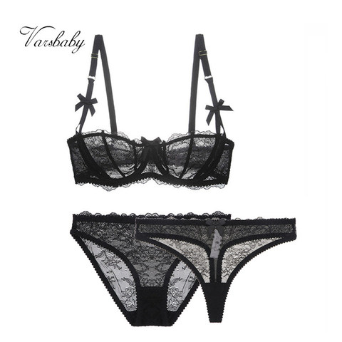 Ladies Set Bras Cup Sexy Lace Bra & Brief Sets Transparent Women Underwear  Black Embroidery Bow