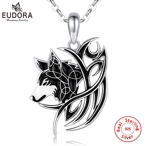 Eudora 925 Sterling silver Black Wolf Necklace Valknut Odin 's Symbol of Norse Viking War Men'women Vintage pendant Jewelry D604 ► Photo 1/6