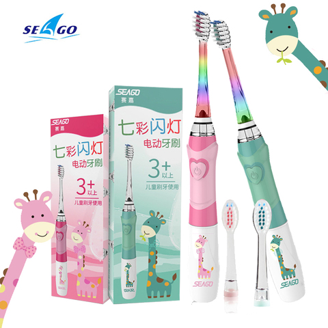 Seago Electric Toothbrush For Kids Colorful LED Flashlight 16000 Strokes Frequency Dupont Bristle 2 Heads Time Sonic Vibration ► Photo 1/6