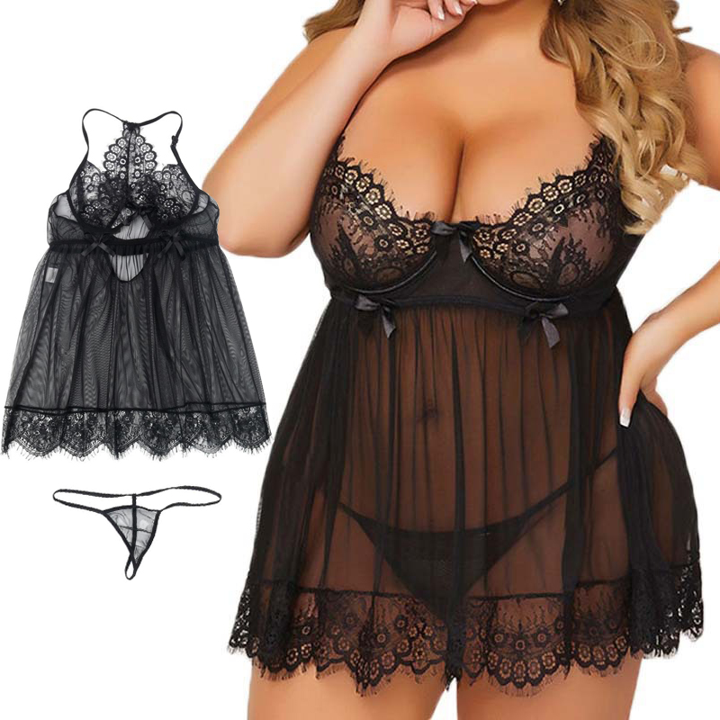 M-3XL Plus Size Nightdress Women Black Lace Sleepwear Super Sexy Home Dresses Femme Tops And Panties Two Piece Lingerie Set ► Photo 1/6