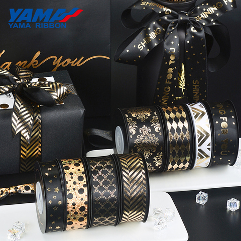 YAMA 10yards/roll Gold Foil Printed Black Ribbon 16 22 25 38 mm Noble Satin Ribbons for Gift Packaging Decoration DIY Craft ► Photo 1/6