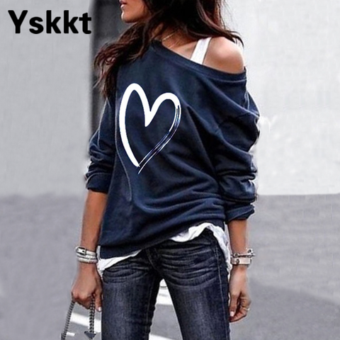 Yskkt Women's Pullover Sweatshirt Heart Printed Long Sleeve One Shoulder Tops Autumn Winter Sweat Shirts Woman Casual Top ► Photo 1/5