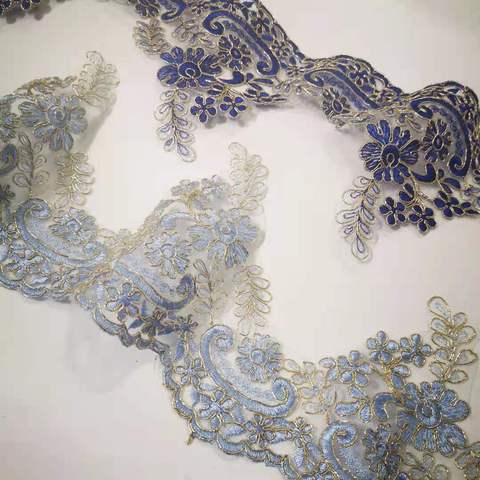 1Yd Exquisite Gold Outline Sapphire Sky blue Embroidery Lace Trimming Dress Home Textile Lace DIY Decorative Accessories 14.5cm ► Photo 1/6