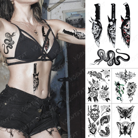 Waterproof Temporary Tattoo Sticker Old School Prajna Demon Knife Flash Tattoos Snake Rose Body Art Arm Fake Tatoo Women Men ► Photo 1/6