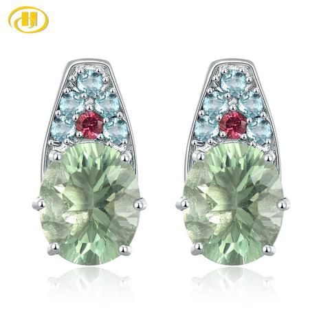 Hutang Green Fluorite 925  Silver Stud Earrings Real Gems Tourmaline Apatite Solid 925 Sterling Silver Fine Elegant Jewelry ► Photo 1/6