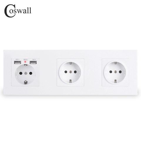 COSWALL 3 Gang Wall EU Socket Grounded + Dual USB Charging Port With Hidden Soft LED Indicator Black White Gold PC panel ► Photo 1/4