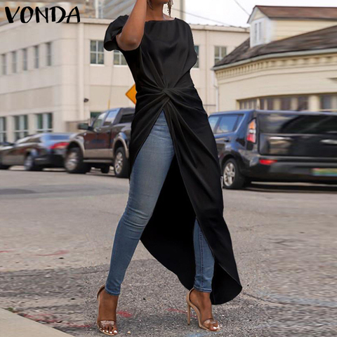 VONDA Women Asymmetrical Blouse 2022 Summer Casual Sexy Split Hem Party Tops Long Ladies Office Shirts Tunic Plus Size Blusas ► Photo 1/6