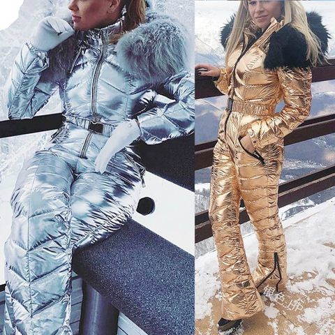 New Shiny Silver Gold One-Piece Ski Suit Women Waterproof Windproof Skiing Jumpsuit Snowboarding Suit Female Snow Costumes ► Photo 1/6