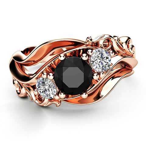 Huitan Witch Ring Unique Black Stone Prong Setting Twist Band Design Rose Gold Color Women Engagement Finger Rings Wholesale ► Photo 1/6