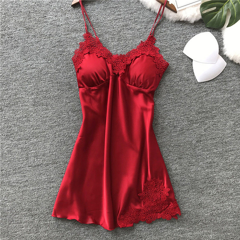 Women's Sexy Lingerie Silk Nightgown Summer Dress Lace Night Dress Sleepwear Babydoll Nightie Satin Homewear Chest Pad Nightwear ► Photo 1/6