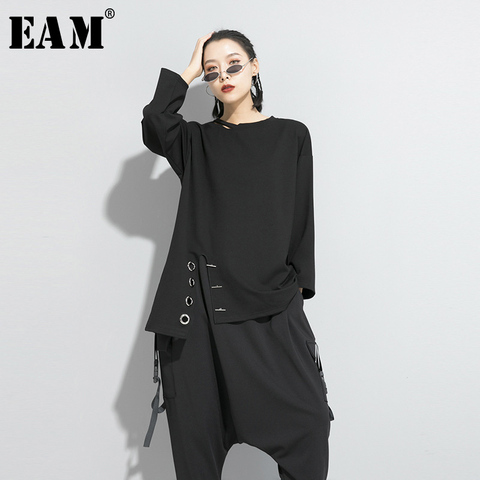 [EAM] Women Black Asymmetrical Stitch Big Size T-shirt New Round Neck Long Sleeve  Fashion Tide  Spring Autumn 2022 1S190 ► Photo 1/6