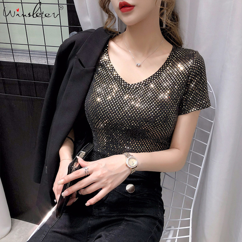 Fall Summer European Clothes T-Shirt Fashion Shiny Sequins Women Tops  Short Sleeve Bottoming Shirt Girl Tees 2022 New T06405 ► Photo 1/5