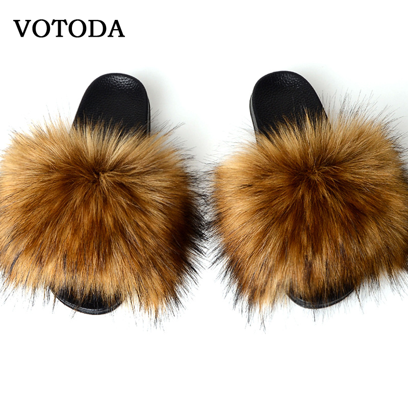 2019 Women's Fluffy Fur Shoes Real Fox/Raccoon Fur Slides Slippers Indoor Sandal 
